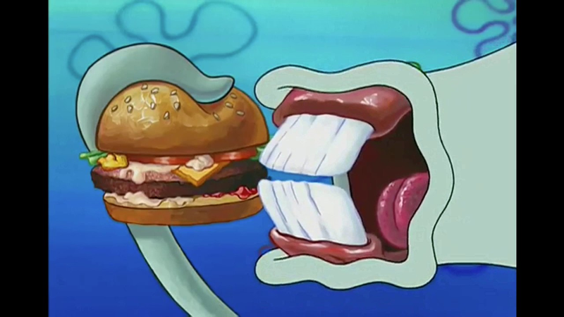 Screenshot of Squidward taking a tiny bite from a Krabby Patty, taken from this YouTube video posted by I love controversy.